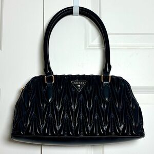 GUESS Black Quilted Gold-Tone Bowler Style Satchel Handbag